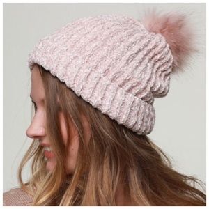 Blush pink soft chenille faux fur pom beanie